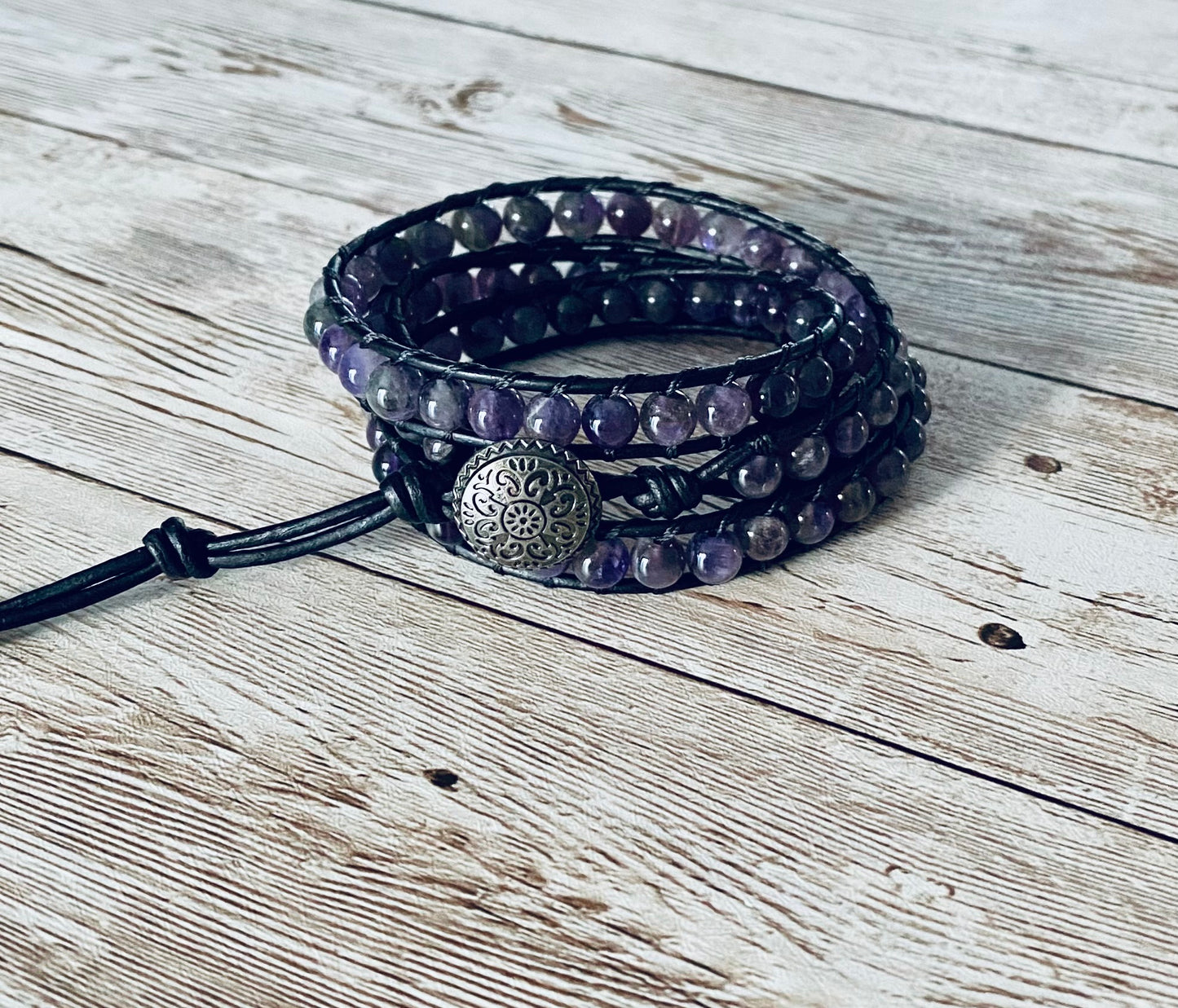 Genuine Amethyst Gemstone Leather Wrap Bracelet