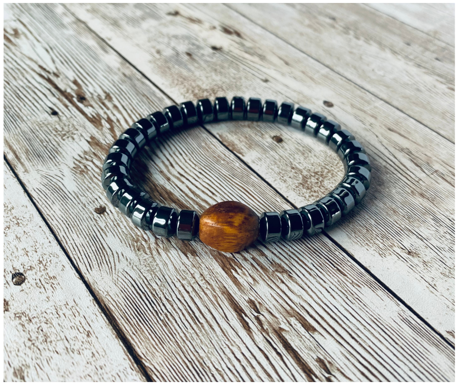 Hematite with Wood Bead Accent Stretch Bracelet
