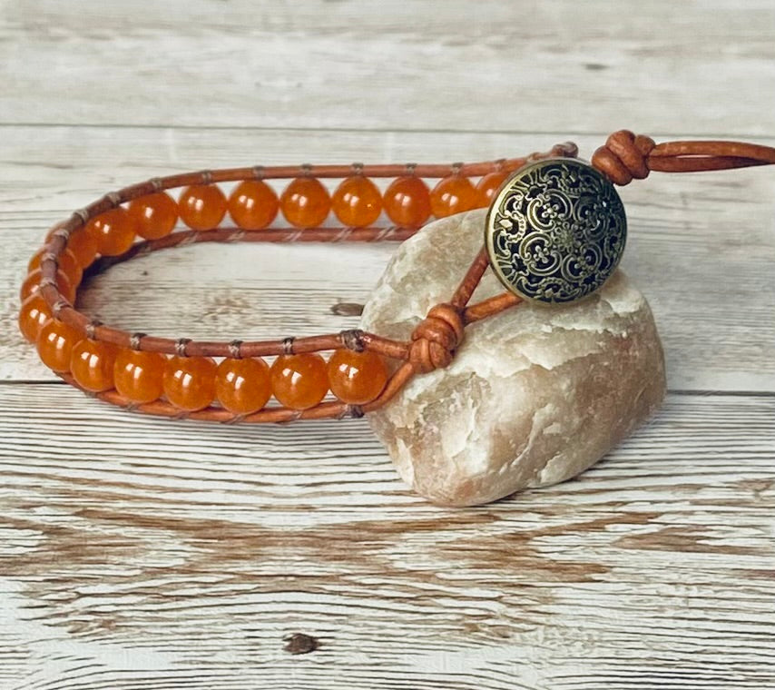 Orange Quartzite Leather Wrap Bracelet