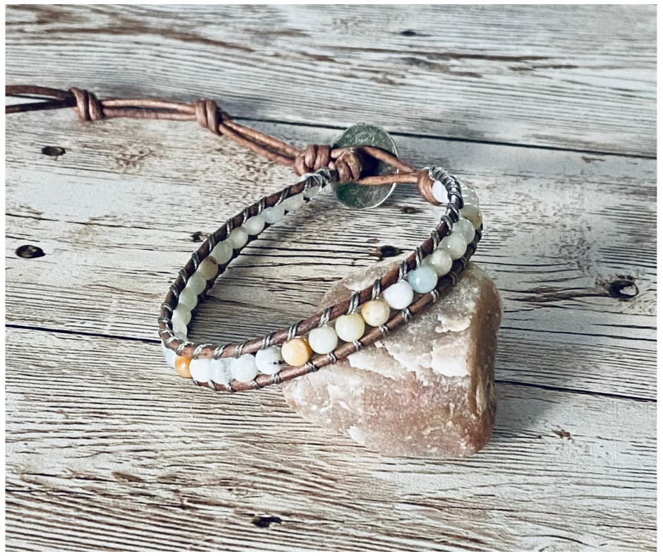 Genuine Black Gold Amazonite Gemstone Beaded Leather Wrap Bracelet