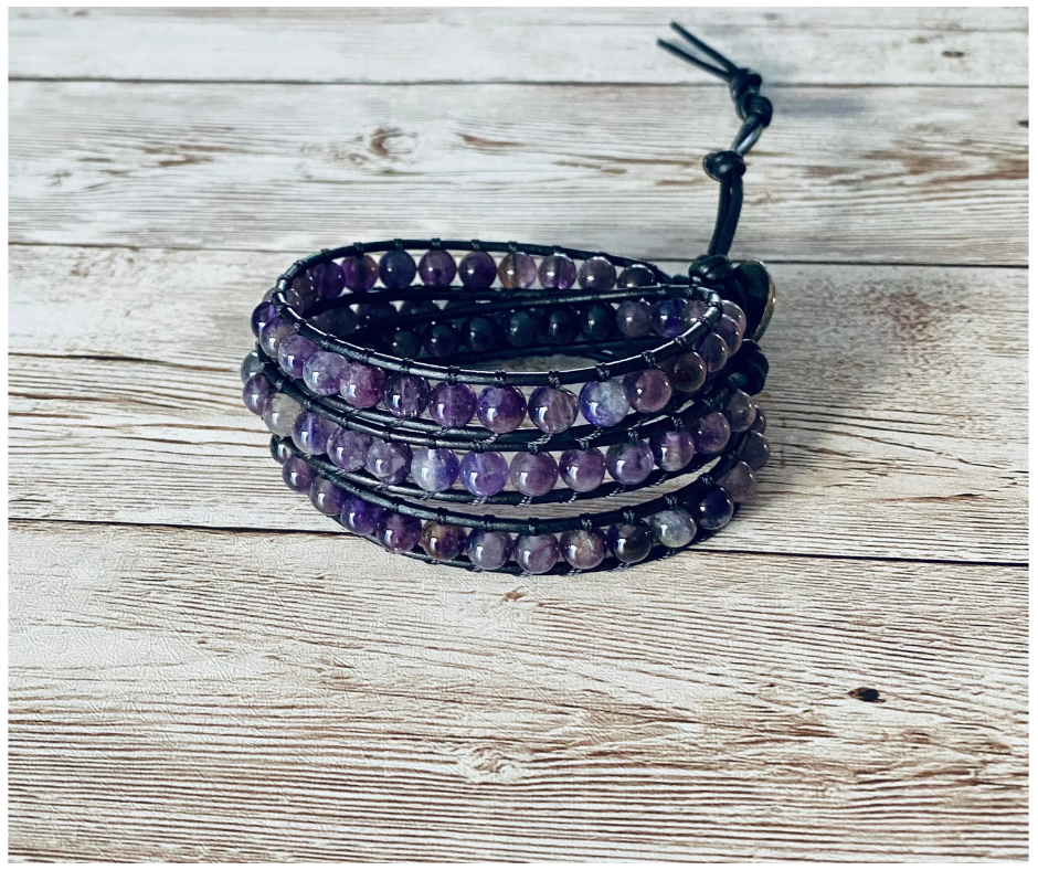 Genuine Amethyst Gemstone Leather Wrap Bracelet