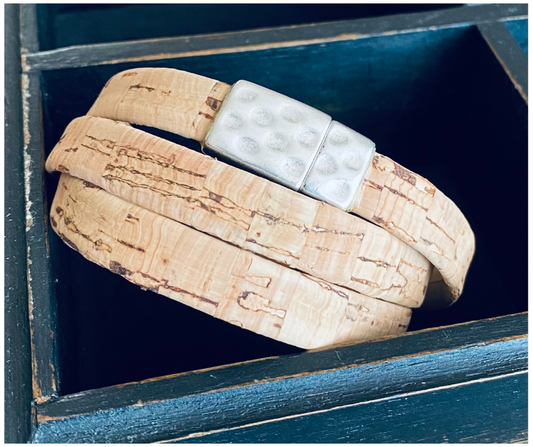 Cork wrap bracelet with silver clasp. 