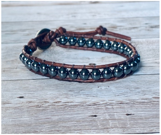Hematite Leather Wrap Bracelet