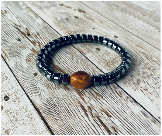 Hematite with Wood Bead Accent Stretch Bracelet