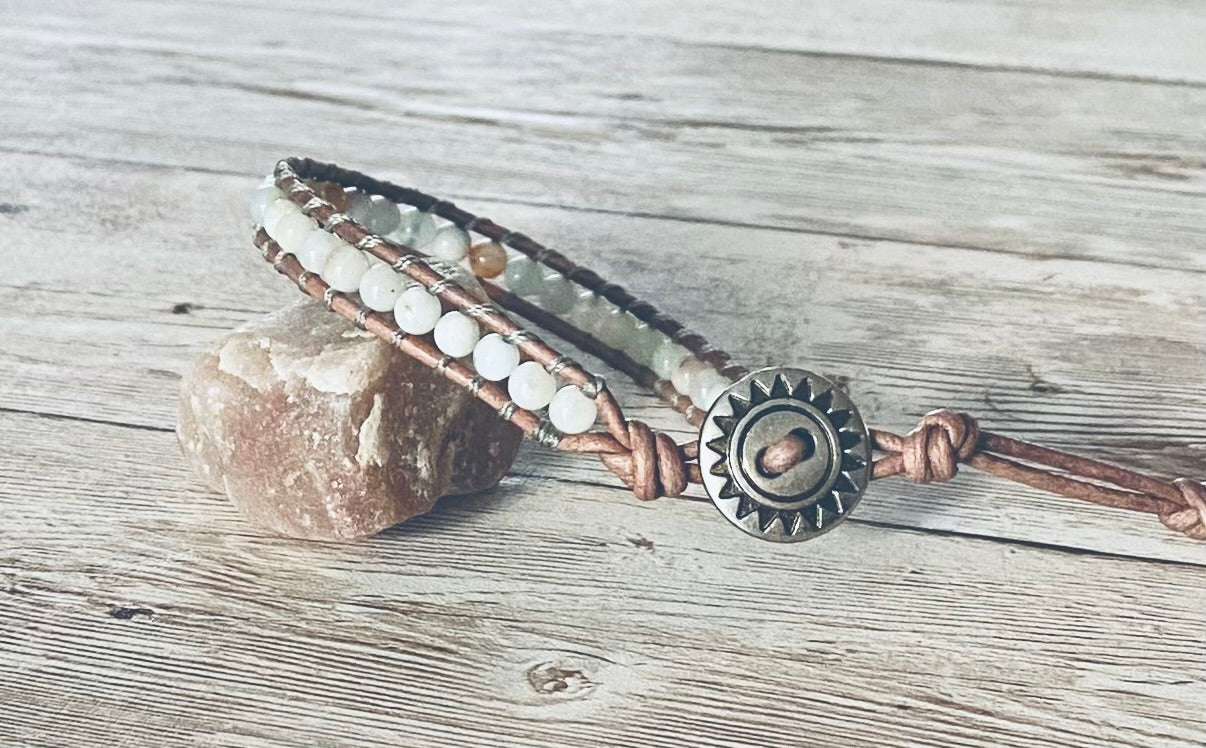 Genuine Black Gold Amazonite Gemstone Beaded Leather Wrap Bracelet
