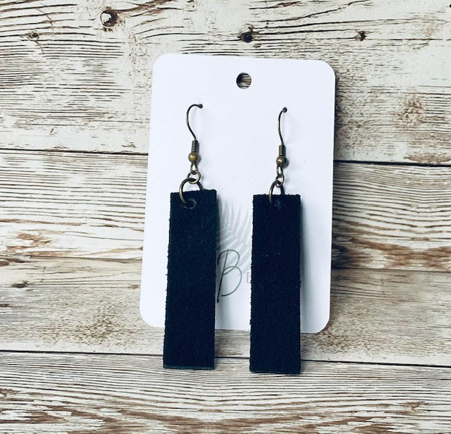 Black suede long rectangular earring on bronze earring wire.