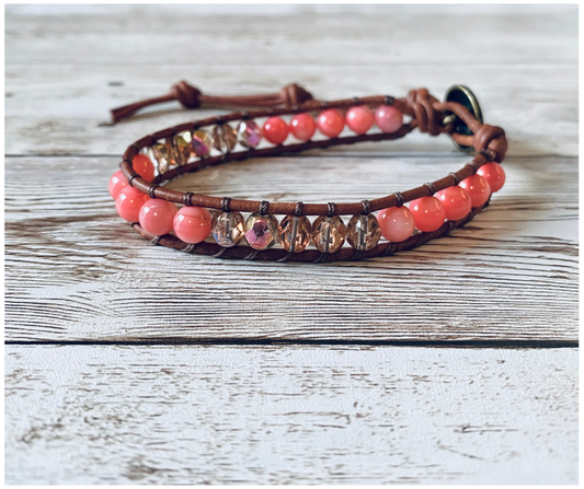 Pink Shell and Czech Glass Wrap Bracelet