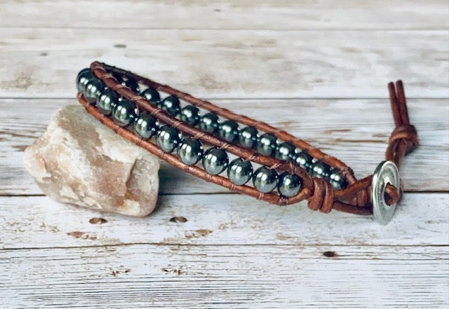 Hematite Leather Wrap Bracelet