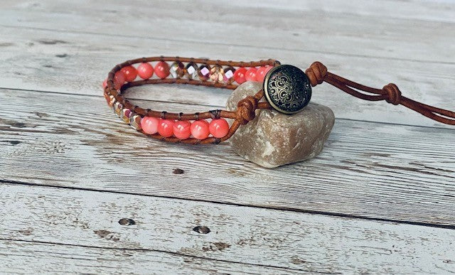 Pink Shell and Czech Glass Wrap Bracelet